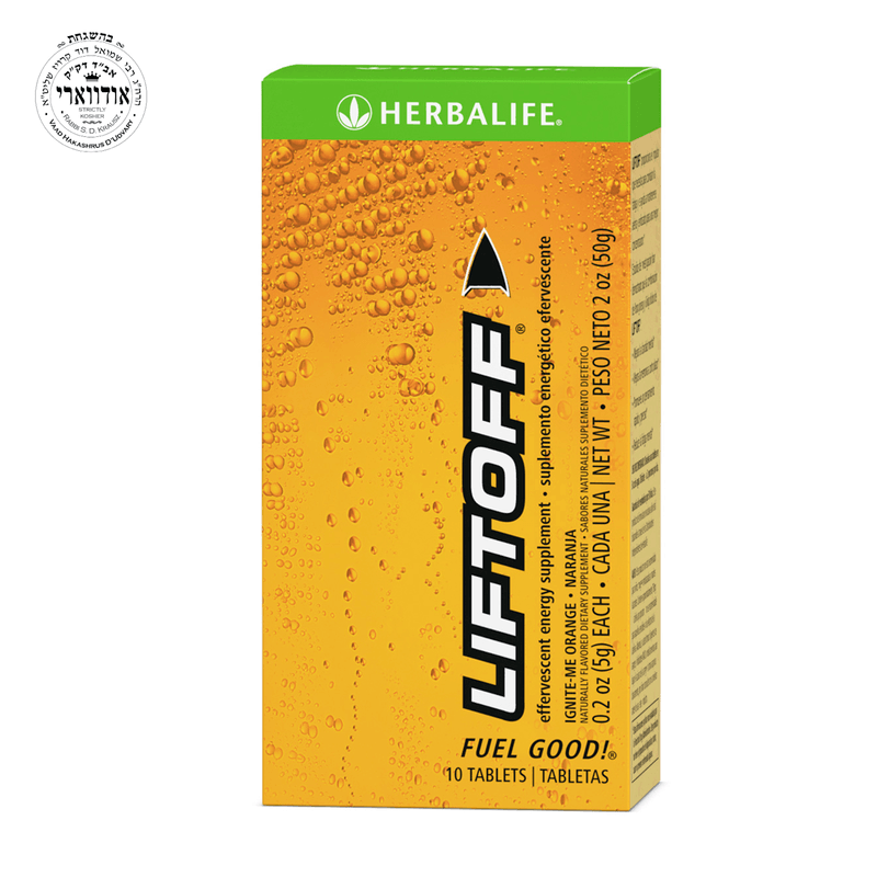 AlVivo Liftoff® Ignite-Me Orange dietary supplement tablets packaging on a vibrant orange background.