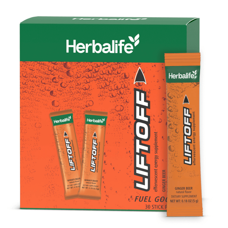 AlVivo Liftoff Ginger Beer effervescent energy supplement stick packs for a refreshing boost and mental alertness.