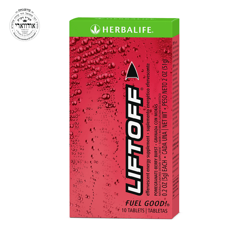 AlVivo Liftoff® effervescent energy supplement in Pomegranate-Berry Burst with 10 tablets for energy boost.