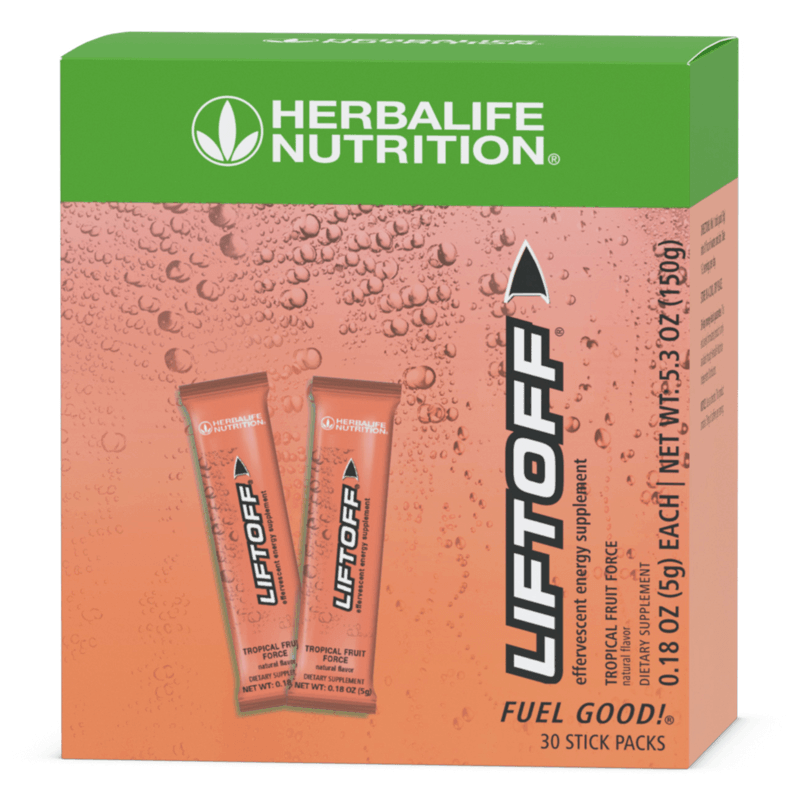 Liftoff: Convenient Energy Stick Packs in Tropical Fruit flavor, 30 stick packs for an energy boost on the go.