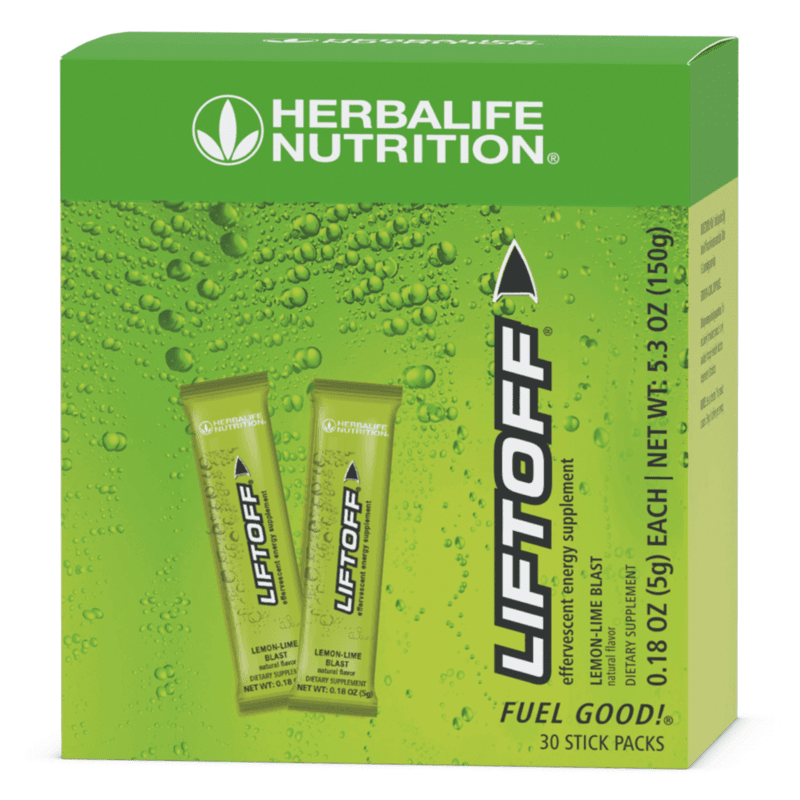 Liftoff: Convenient Energy Stick Packs box featuring Lemon-Lime Blast flavor, 30 stick packs, energizing supplement.