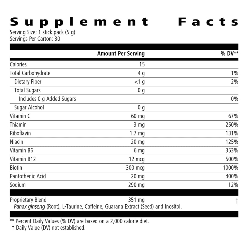 Liftoff: Convenient Energy Stick Packs supplement facts for energy boost, low calorie, sugar-free.