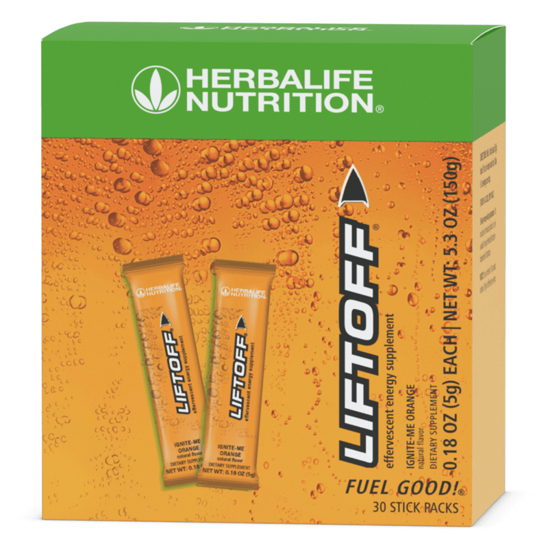 Liftoff: Convenient Energy Stick Packs in Ignite-Me Orange flavor, featuring convenient powder stick packs and 30 servings.