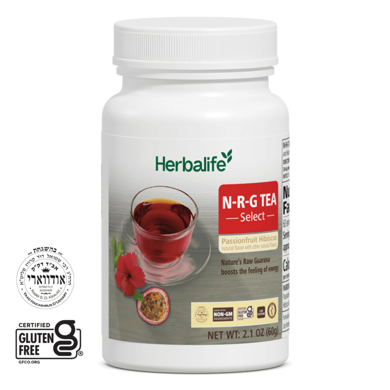 N-R-G Tea Select: Passionfruit Hibiscus in a container with a cup of tea, featuring herbal and natural ingredients.