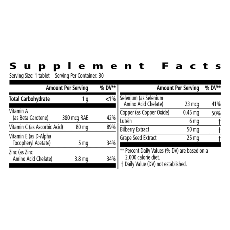 Supplement facts for AlVivo Ocular Defense Formula including vitamins and other key ingredients.