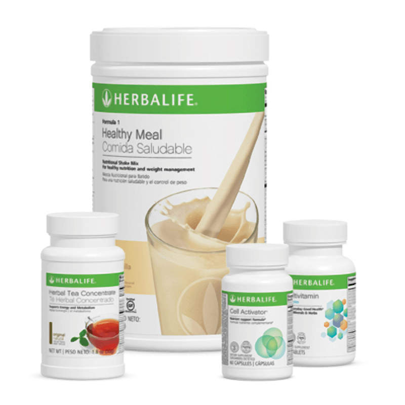AlVivo Quickstart Program kit featuring Herbalife Formula 1 Healthy Meal Nutritional Shake Mix and key supplements.