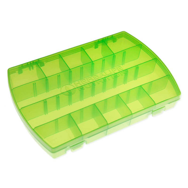 AlVivo Tablet Box: 4 Sizes, Labels, Translucent in vibrant green, featuring multiple compartments for organized supplement storage.
