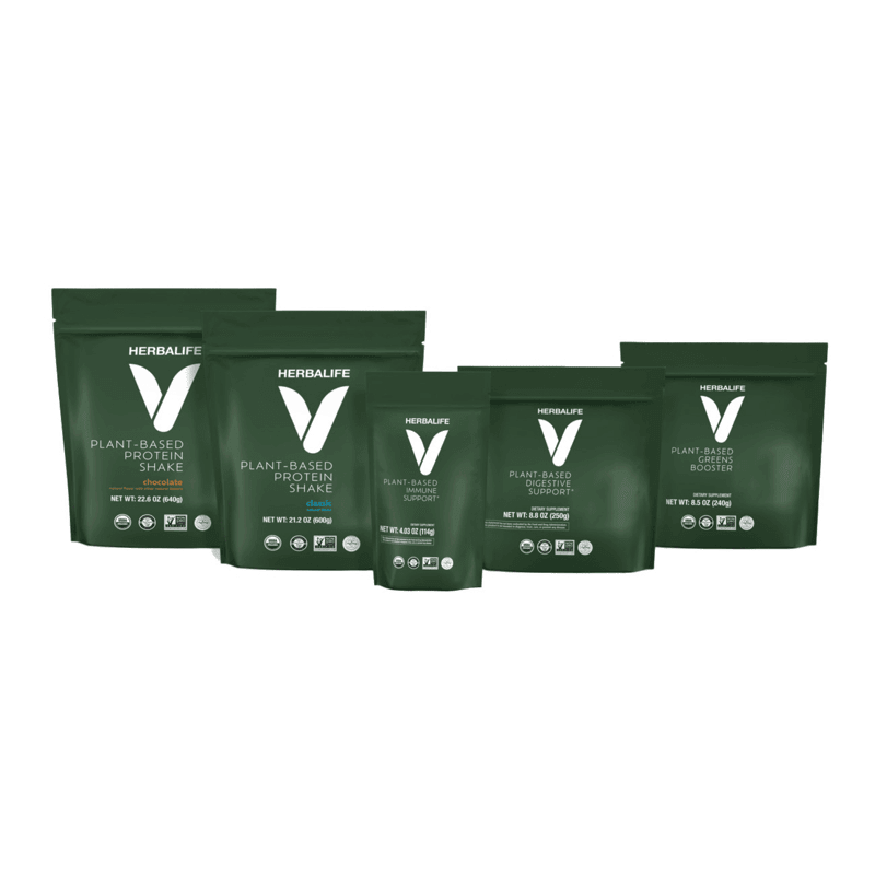 Vegan Plant-Based  (Non-California States) Herbalife protein shake bundle featuring multiple flavors and supplements.
