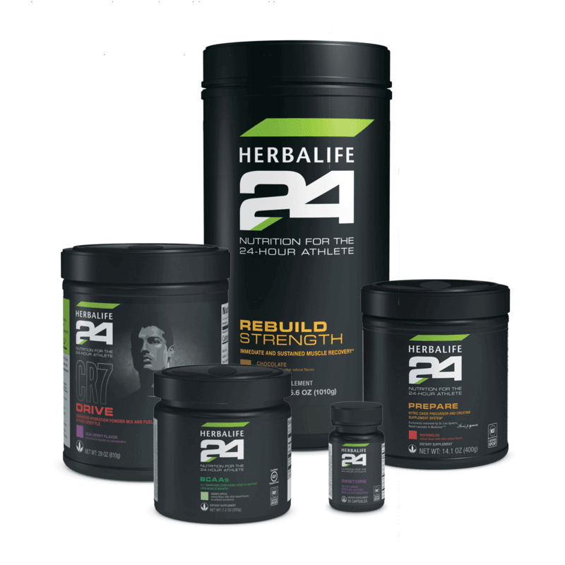 AlVivo Workout Herbalife 24 nutrition products for athletes, including CR7 Drive, Rebuild Strength, BCAAs, and Prepare.