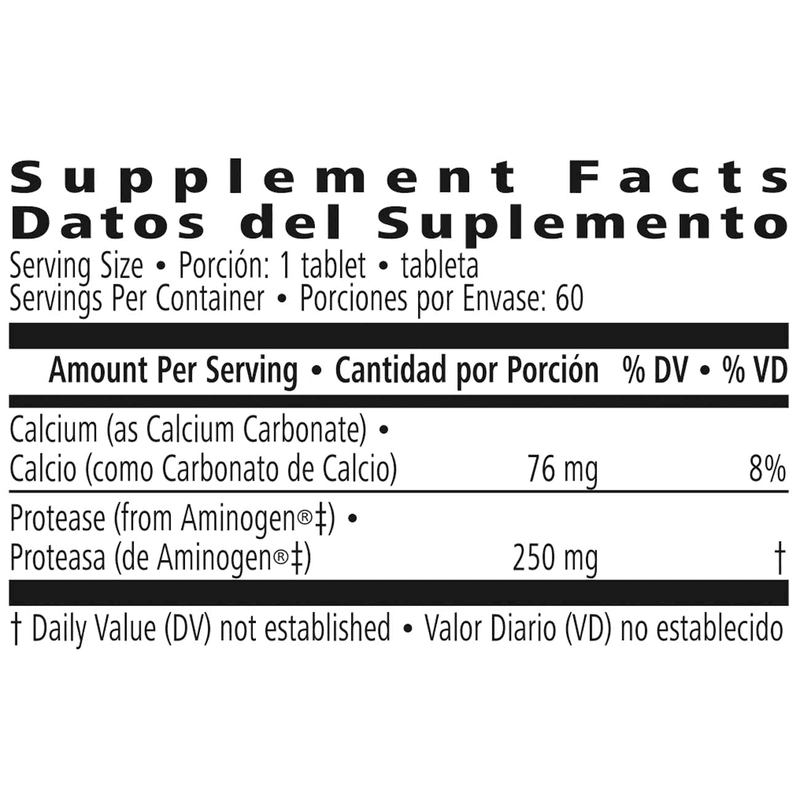 Supplement Facts for Aminogen : 60 Tablets, includes calcium and protease content in a dietary supplement