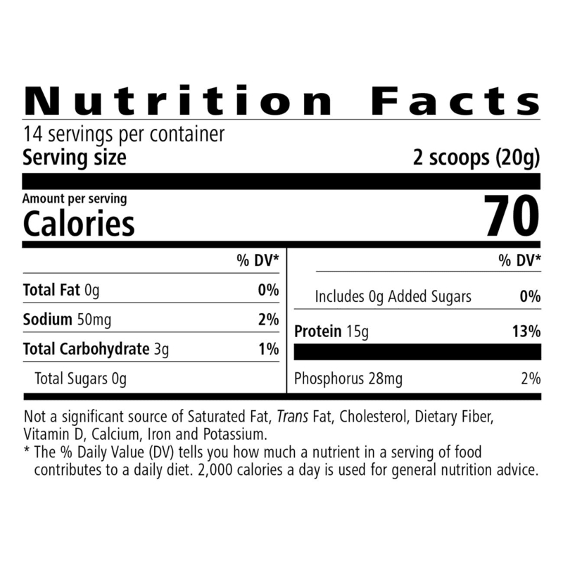 Nutrition facts for Beverage Mix - Fruity Protein Energy Boost showing calories, protein, and serving size.