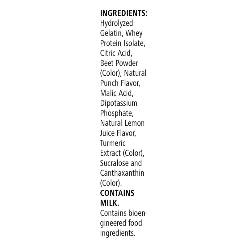 Ingredients list for Beverage Mix - Fruity Protein Energy Boost includes whey protein isolate and natural flavors.