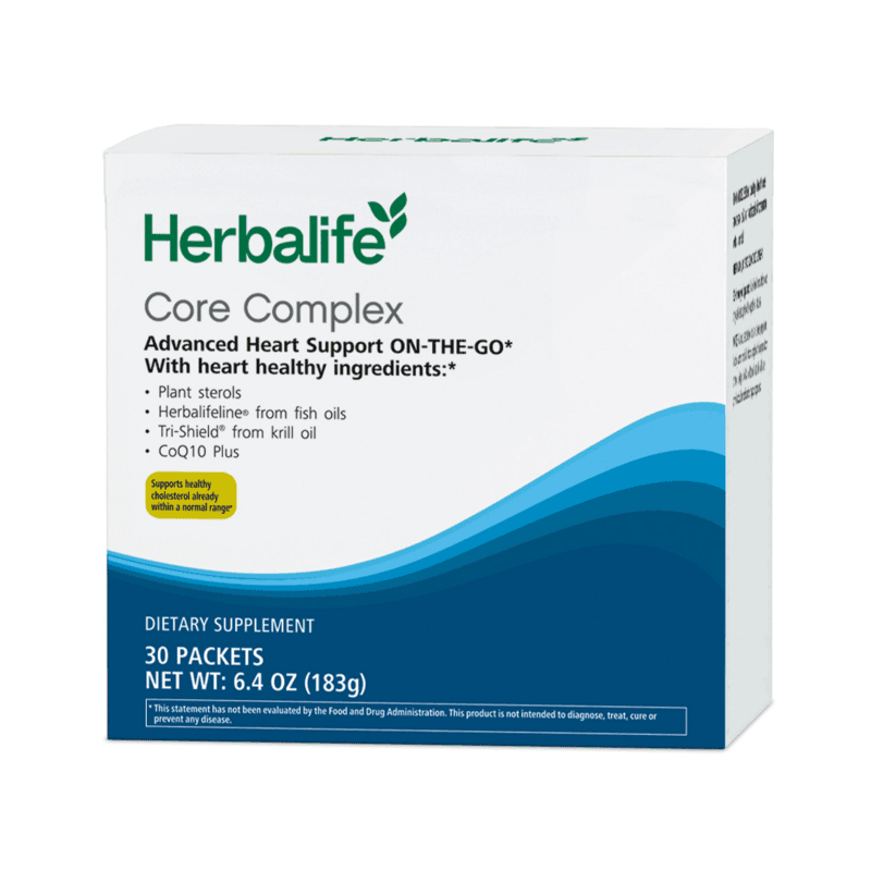 AlVivo's Core Complex: 30 Packets dietary supplement box featuring heart health ingredients and serving information.
