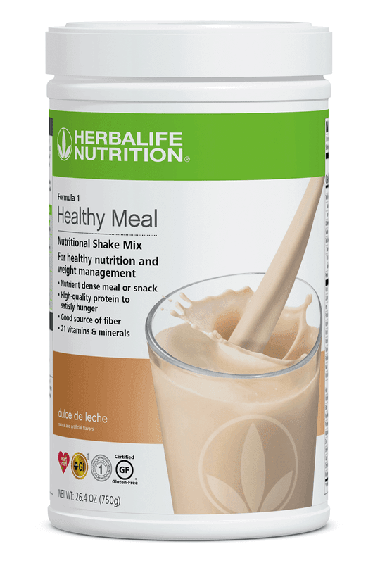 Formula 1 Healthy Meal Nutritional Shake Mix in Dulce de Leche flavor, packed with protein, fiber, vitamins, and minerals.
