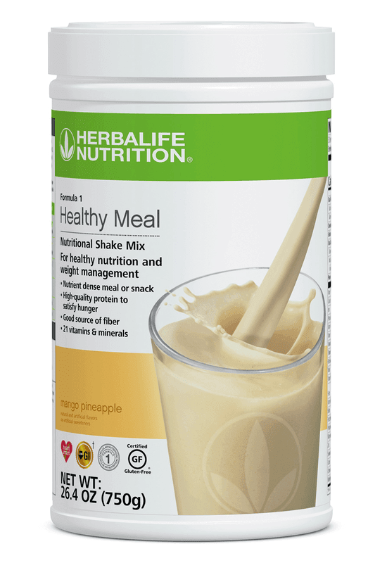 Formula 1 Healthy Meal Nutritional Shake Mix in mango pineapple flavor with protein, fiber, vitamins, and minerals.