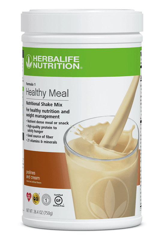 Formula 1 Healthy Meal Nutritional Shake Mix in Pralines and Cream flavor, packed with protein, fiber, vitamins, and minerals.