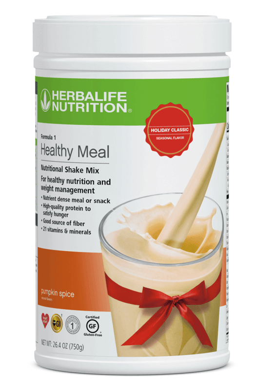 Formula 1 Healthy Meal Nutritional Shake Mix in Pumpkin Spice flavor with a creamy texture and festive ribbon.