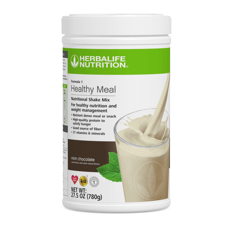 Formula 1 Healthy Meal Nutritional Shake Mix in mint chocolate flavor, providing balanced nutrition for healthy eating.
