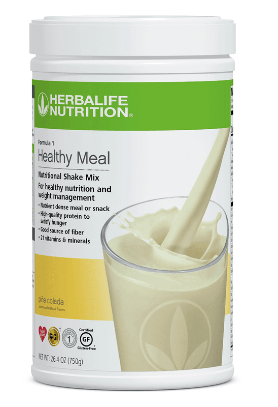 Formula 1 Healthy Meal Nutritional Shake Mix Piña Colada flavor in container with nutritional details for health and weight management.