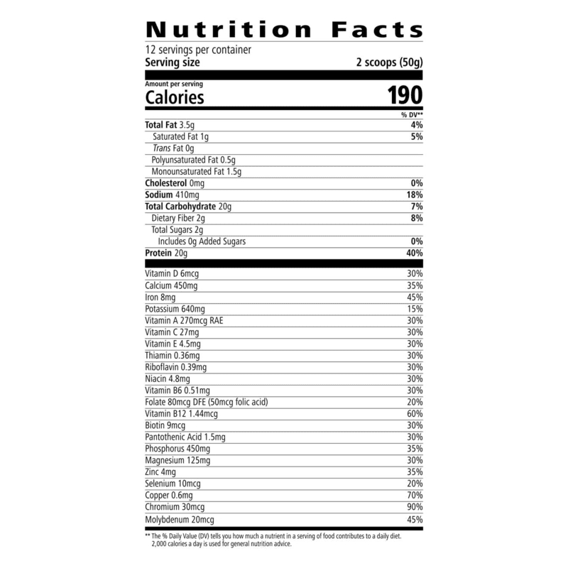 Nutrition facts for Formula 1 Instant Healthy Meal Nutritional Shake Mix showing calories and essential nutrients.