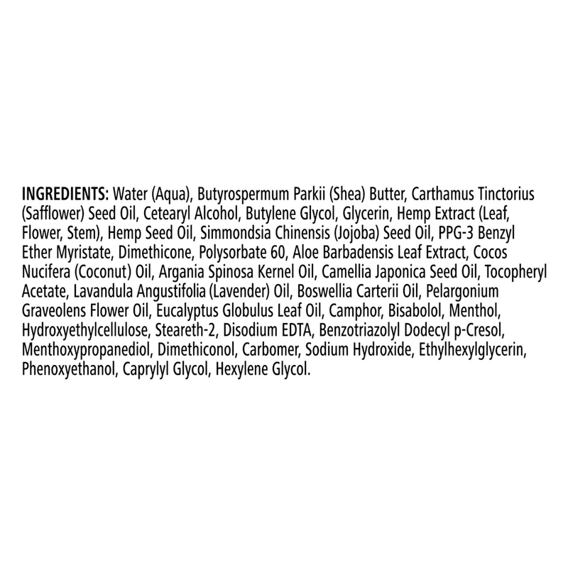 Hemp Relief Balm: 1000mg Cannabinoids Soothe ingredients list showcasing its plant-derived components.