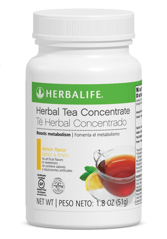 Herbal Tea Concentrate bottle with lemon flavor, boosts metabolism, low-calorie refreshing drink.