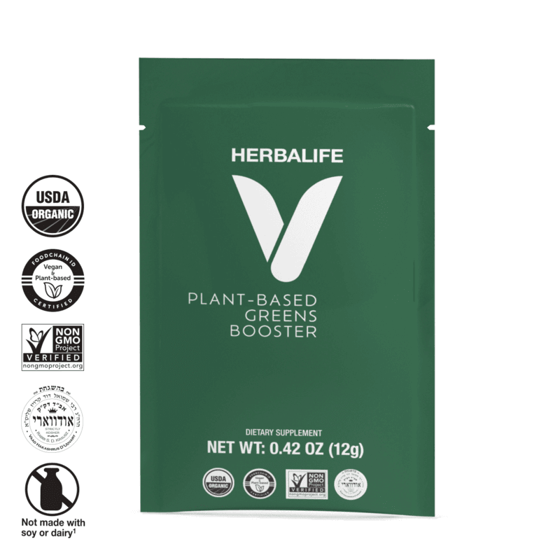 HERBALIFE V Plant-Based Greens Booster Single-Serve Packets with USDA Organic and Non-GMO certifications.