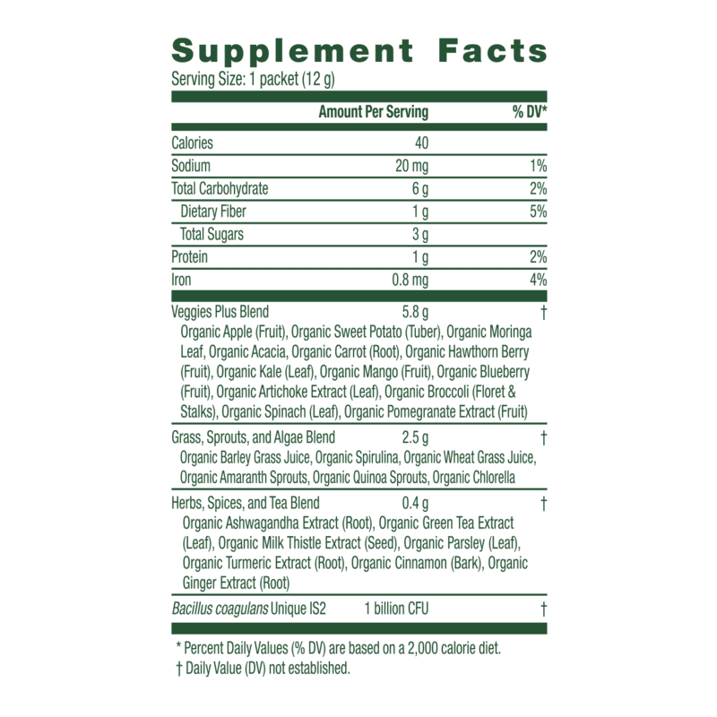 HERBALIFE V Plant-Based Greens Booster Single-Serve Packets Supplement Facts label detailing ingredients and nutrition.