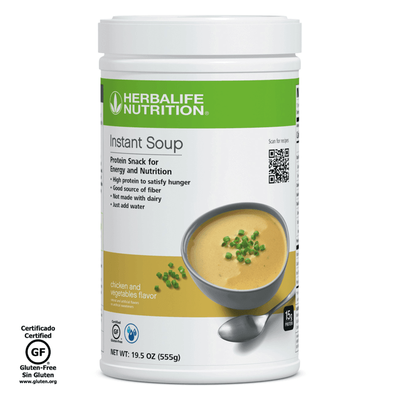 Instant Soup: Chicken and vegetables flavor with high protein, just add water for a nutritious snack.