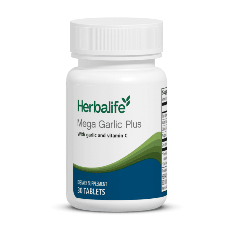 Mega Garlic Plus: Heart & Circulation Health Sun dietary supplement bottle with 30 tablets for heart health and circulation support.