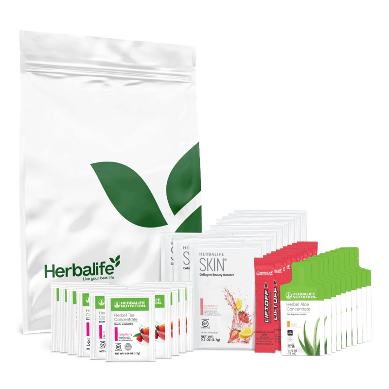 Mega Tea On-the-Go Kit: (10 Count) with Herbalife Tea, Aloe Concentrate, and Collagen Beauty Booster packets.