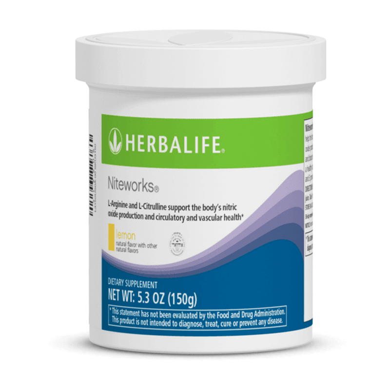 Niteworks: Heart & Brain Support Supplement in lemon flavor, 5.3 oz container, promotes nitric oxide production.
