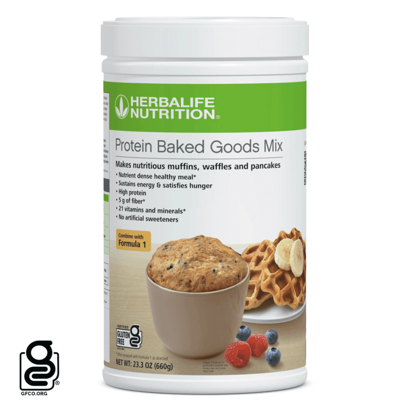 Protein Baked Goods Mix container for muffins, waffles, and pancakes, promoting healthy meals with high protein.