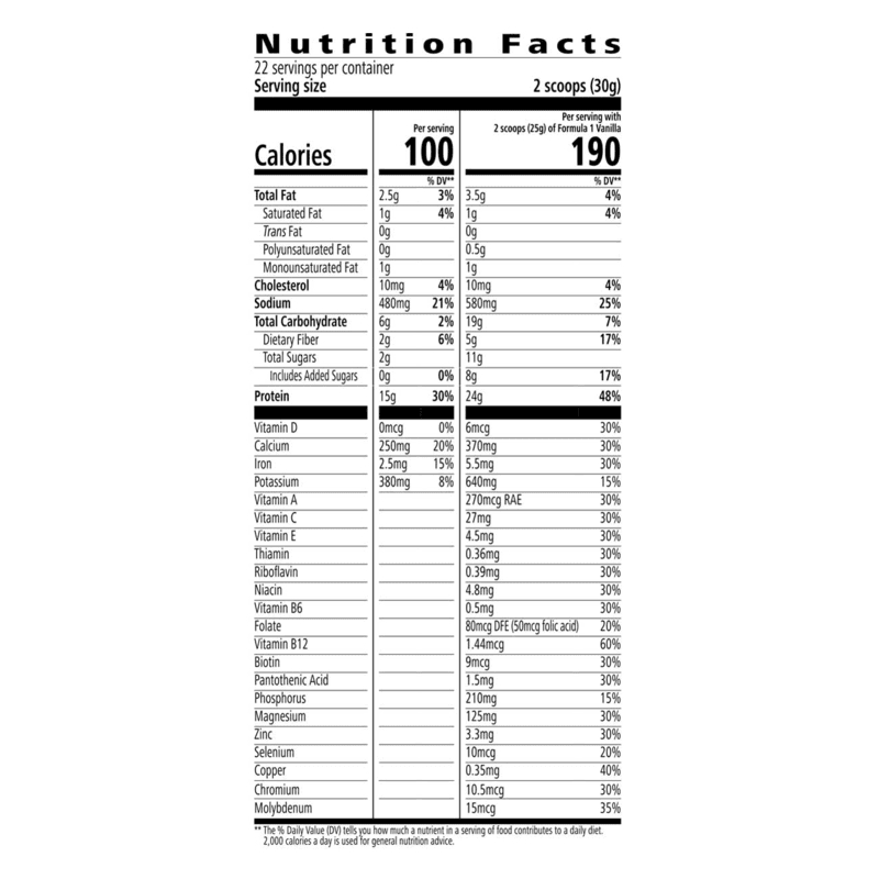 Nutrition facts for Protein Baked Goods Mix, highlighting calories, protein, and key vitamins per serving.