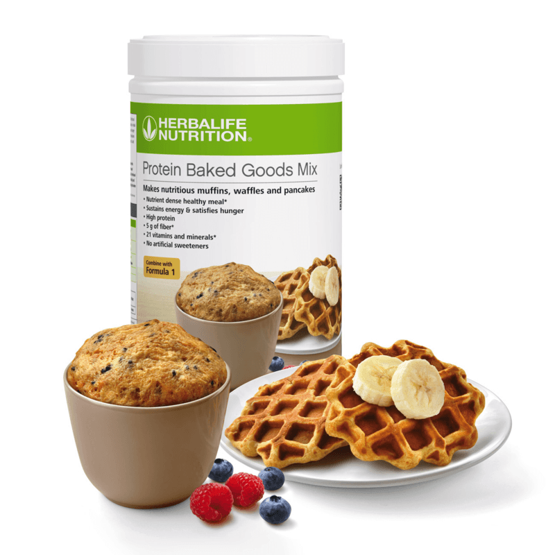 Protein Baked Goods Mix with muffins and waffles, ideal for nutritious meals, high in protein and fiber.
