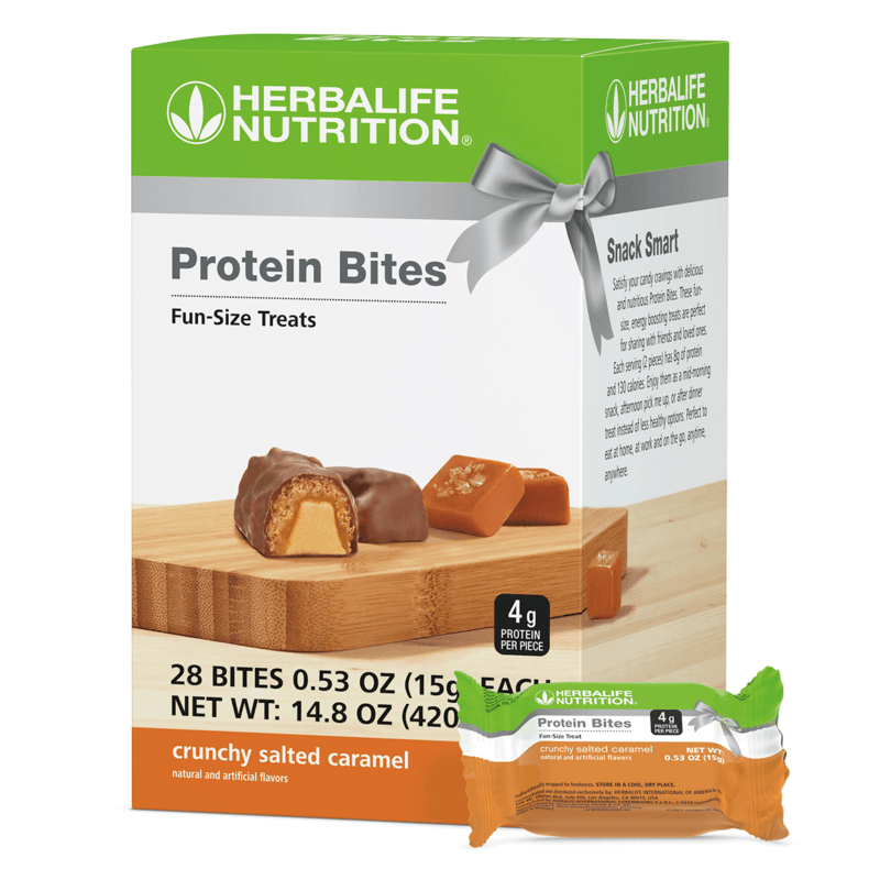 AlVivo's Protein Bites fun-size treats in crunchy salted caramel flavor for satisfying cravings and weight management.
