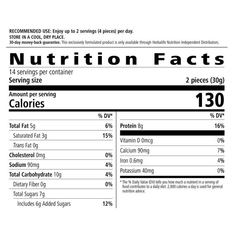 Nutrition facts for AlVivo's Protein Bites showing calories, protein, and other nutritional information.