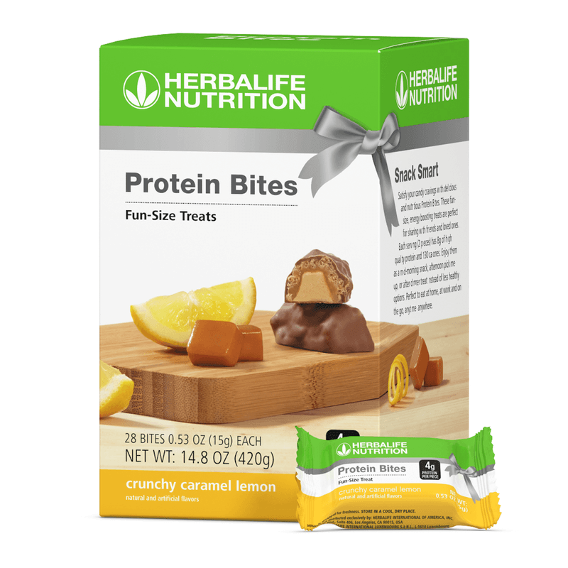 AlVivo's Protein Bites box with Crunchy Caramel Lemon flavor, fun-size treats ideal for snacking anytime.