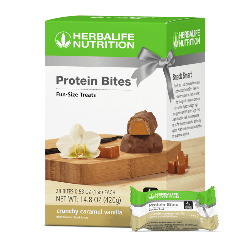 AlVivo's Protein Bites crunchy caramel vanilla flavor fun-size treats for guilt-free snacking anytime, anywhere.