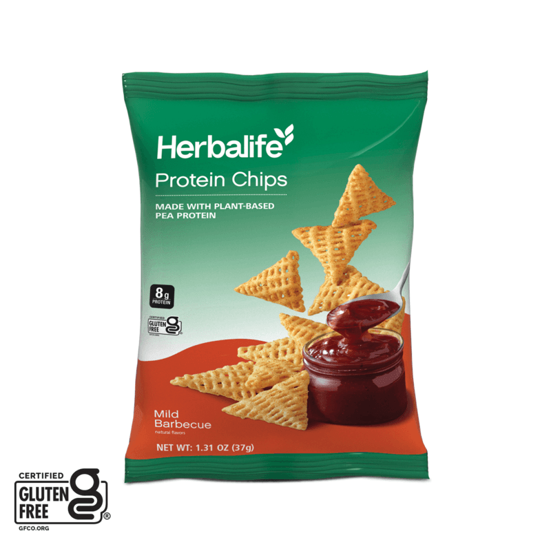 Herbalife Protein Chips with 8g plant-based pea protein in Mild Barbecue flavor, gluten-free crunchy snack.