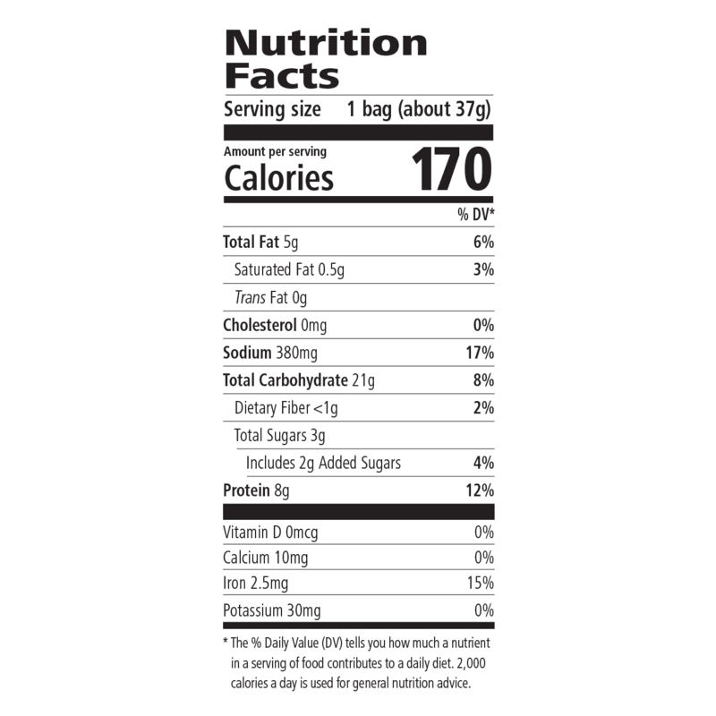 Nutrition facts for Protein Chips showing calories, protein, fat, and key nutrients.