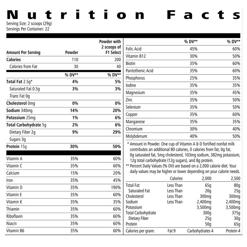 Nutrition facts for Protein Drink Mix Select: Natural Vanilla flavor, highlighting protein, calories, and vitamins.