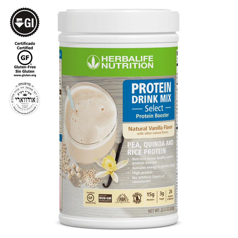 Protein Drink Mix Select: Natural Vanilla flavor with pea, quinoa, and rice protein in a protein booster canister.