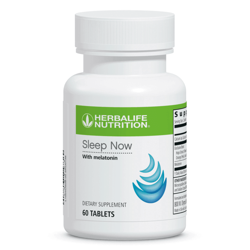 AlVivo's Sleep Now dietary supplement for restful sleep with melatonin in a white bottle containing 60 tablets.