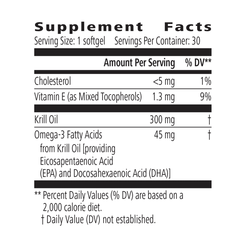 Supplement facts of Tri-Shield Krill Oil Omega-3 Softgels highlighting ingredients and nutritional values.