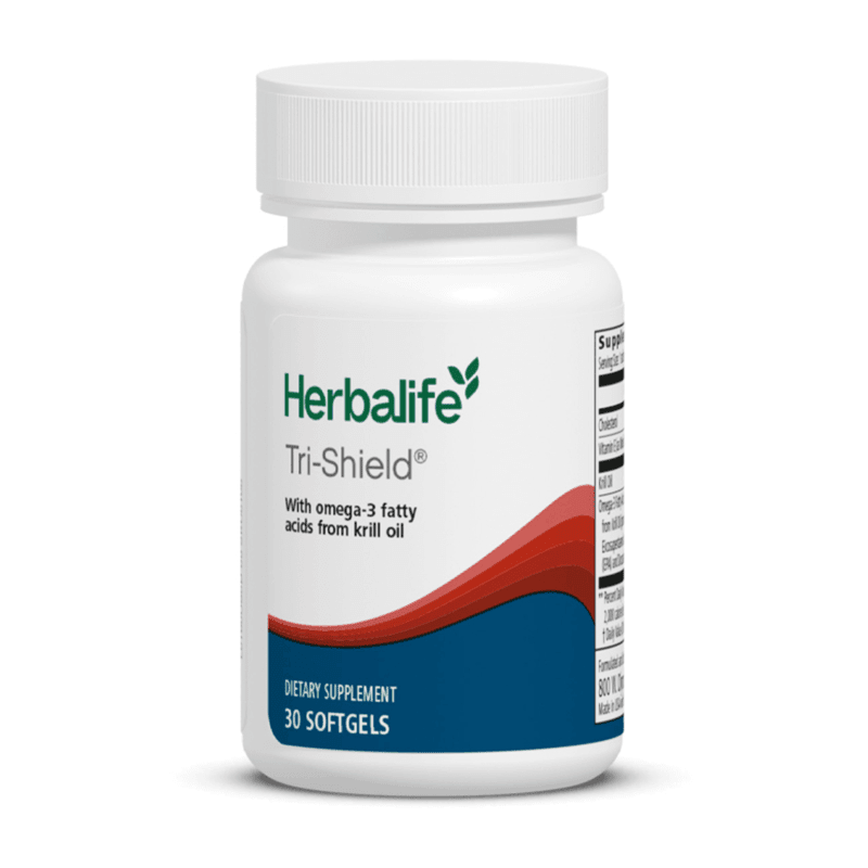 Tri-Shield Krill Oil Omega-3 Softgels dietary supplement bottle with 30 softgels for cardiovascular health support.
