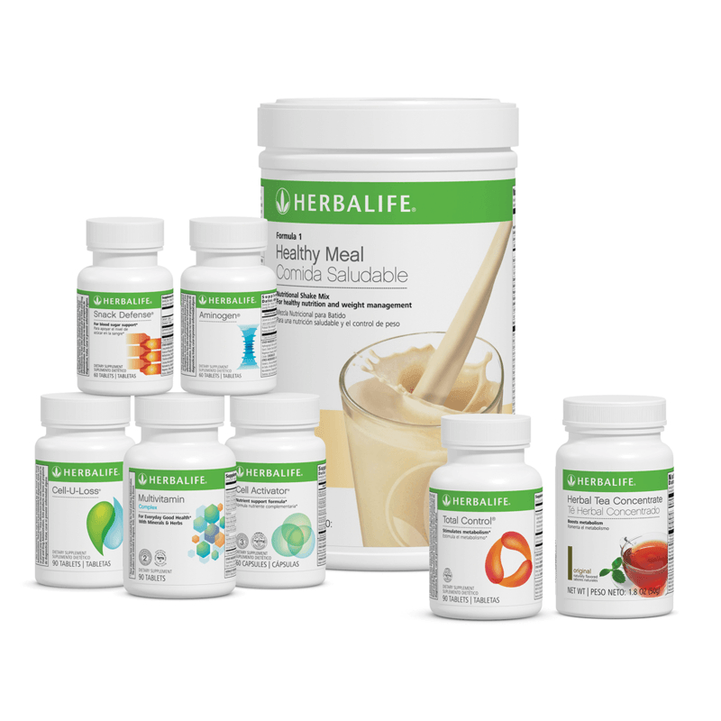 Ultimate Program Herbalife kit with Snack Defense, Aminogen, and nutritional products for weight management in French Vanilla flavor.