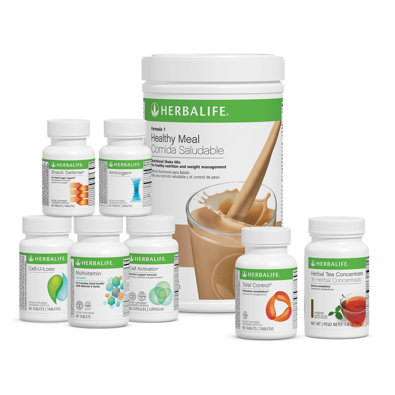 Ultimate Program Herbalife kit featuring Café Latte shake, Snack Defense®, Aminogen®, and additional wellness products.