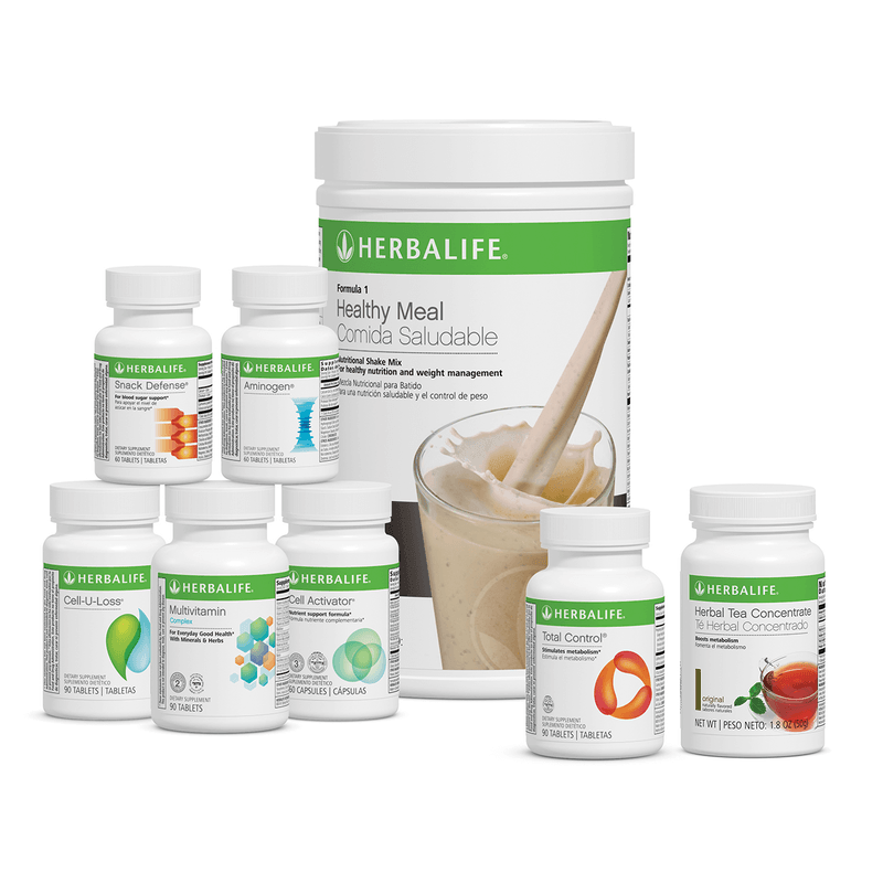 Ultimate Program weight management kit featuring Herbalife Snack Defense, Aminogen, and more in Cookies 'n Cream flavor.