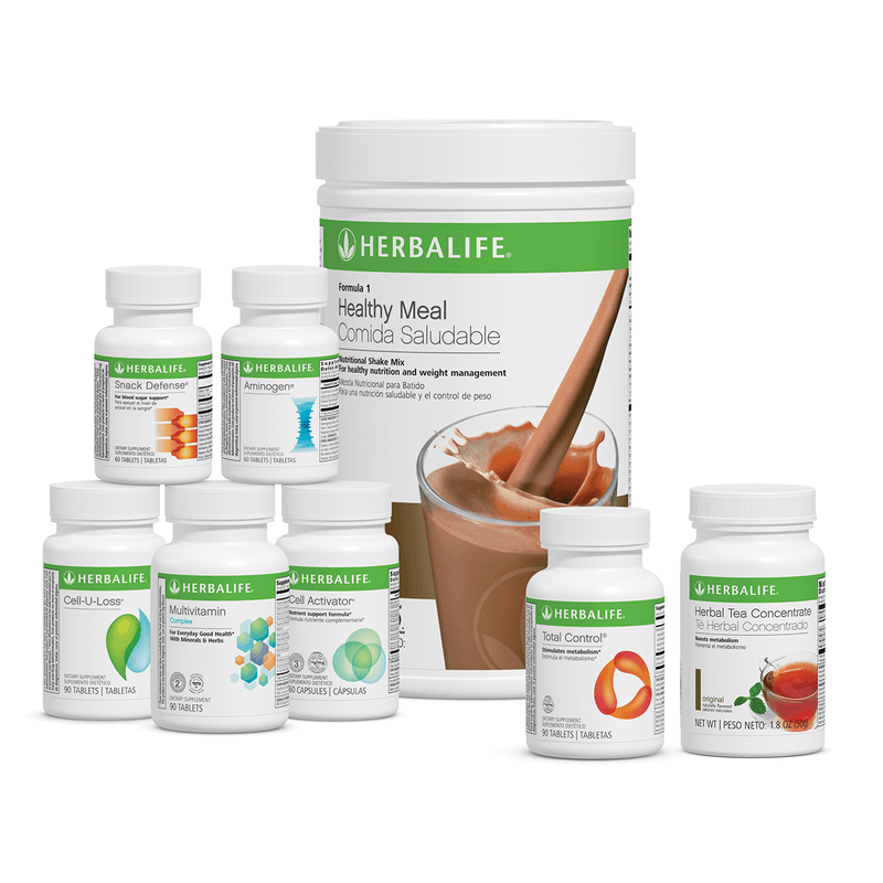 Ultimate Program Herbalife products including Healthy Meal, Snack Defense, Aminogen, and more in Dutch Chocolate flavor.